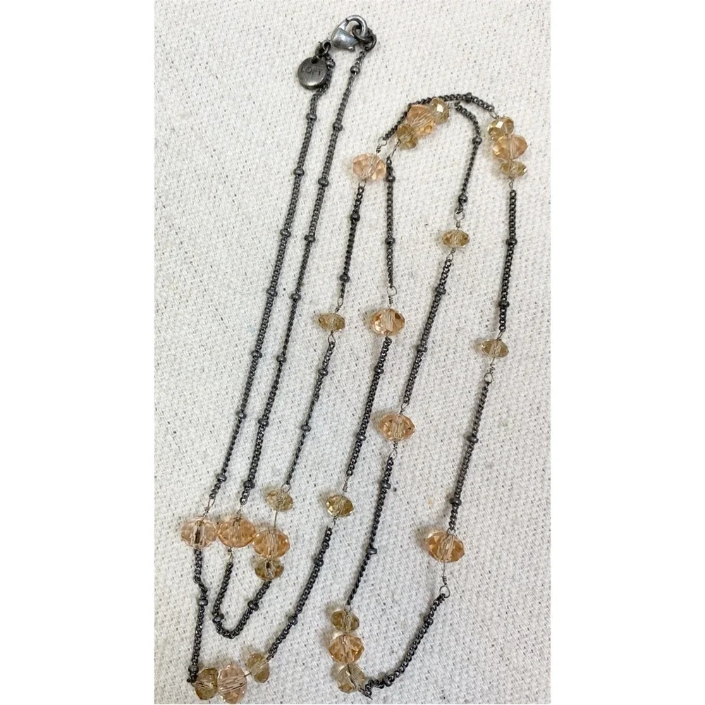 LOFT long station necklace faceted peach glass beads antiqued silver tone chain